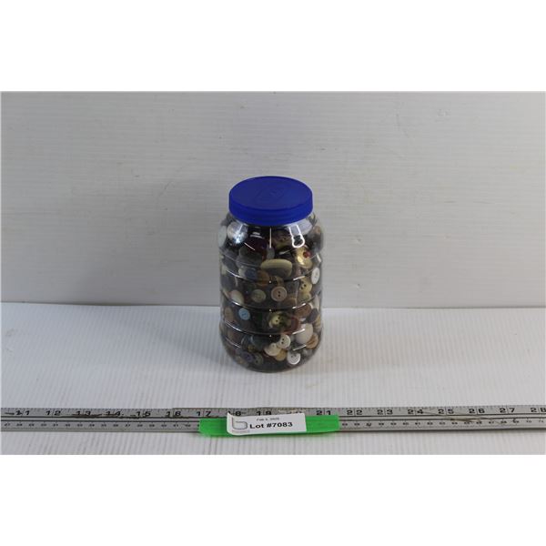 Plastic Jar and Assorted Sewing Buttons