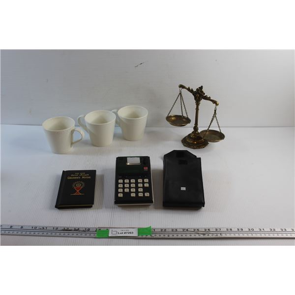 (3) Ceramic Mugs, Electronic Calculator/Printer - As Is, Children's Missal Bible and Brass Weight Sc