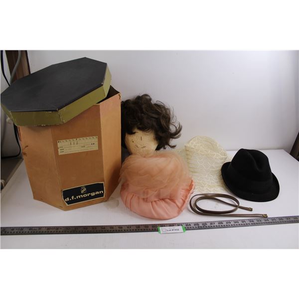 (3) Vintage Hats - 2 Ladies, 1 Man's, Wig with Holder, Vintage DF Morgan Hat Box