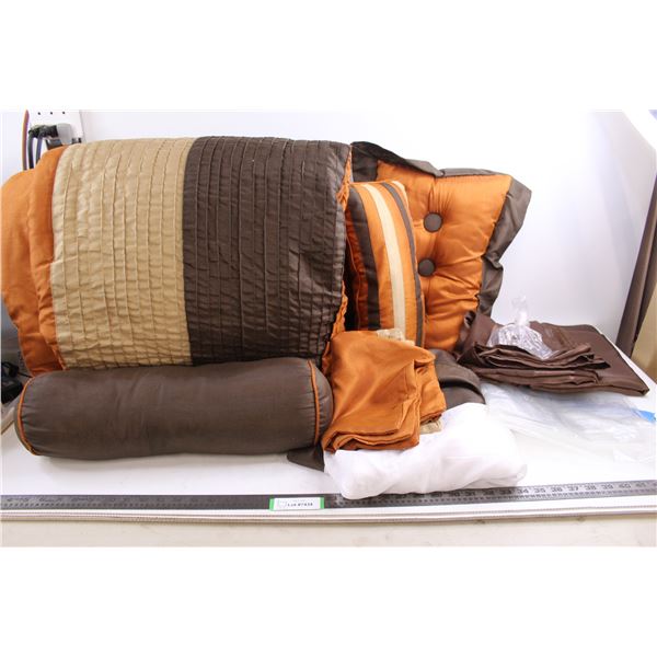 Bed Comforter 80" x 80" Approx, Bed Skirt 5' Wide not including Skirting, Pair Pillow Cases, (3) Thr