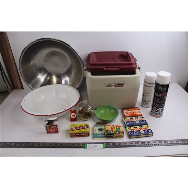 Lil Oscar Coleman Cooler, Large Mixing Bowl, Vintage Wash Basin, Spray Paints, Vintage Soaps & Food 