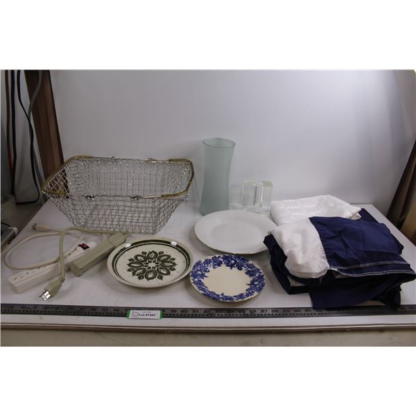Metal Basket, Glass Vase, (3) Dinner Plates, Shower Curtain, (2) Narrow Window Curtains 88" Length, 