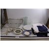 Image 1 : Metal Basket, Glass Vase, (3) Dinner Plates, Shower Curtain, (2) Narrow Window Curtains 88" Length, 