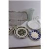 Image 3 : Metal Basket, Glass Vase, (3) Dinner Plates, Shower Curtain, (2) Narrow Window Curtains 88" Length, 
