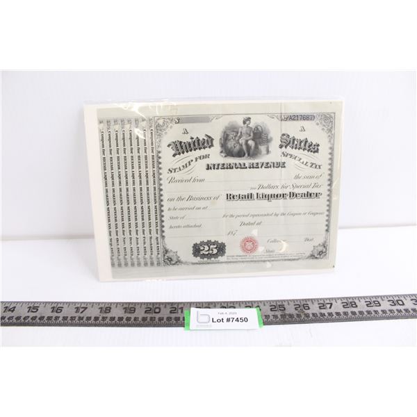 Antique 1873,74 United States "Retail Liquor Dealer" License