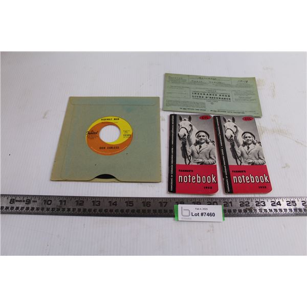 (4) Vintage Items (Dick Curless 45 Vinyl Record, 1952 Farmer's Notebooks Unused, Canada Unemployment