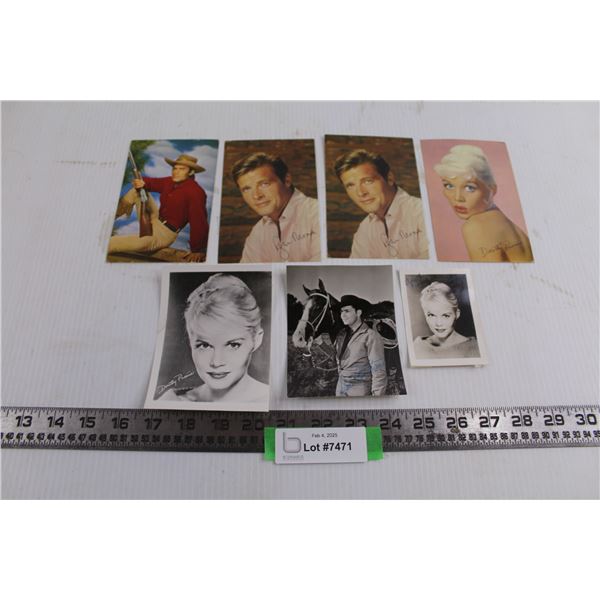 (7) Vintage Post Cards & Photos (Dorothy Provine, Roger Moore, Dale Robertson)