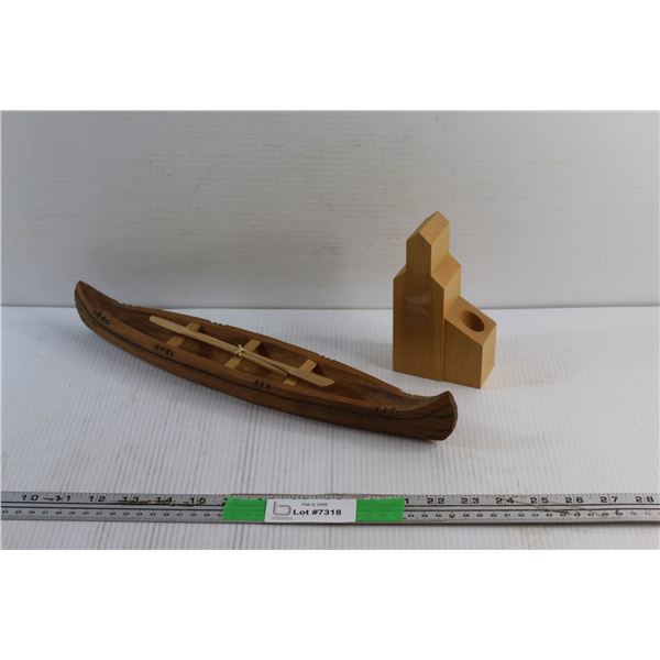 Saskatchewan Centennial 2005 Wooden Pen Holder and Carved Wood Kayak Decor