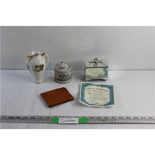 Bradford Exchange Mirrored Music Box, Leather Wallet, Balkan Sobranie Tobacco Tin and Porcelain Vase
