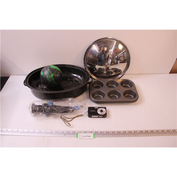 Enamel Roaster, Muffin Tins, Lid, Camera, Bowling Ball