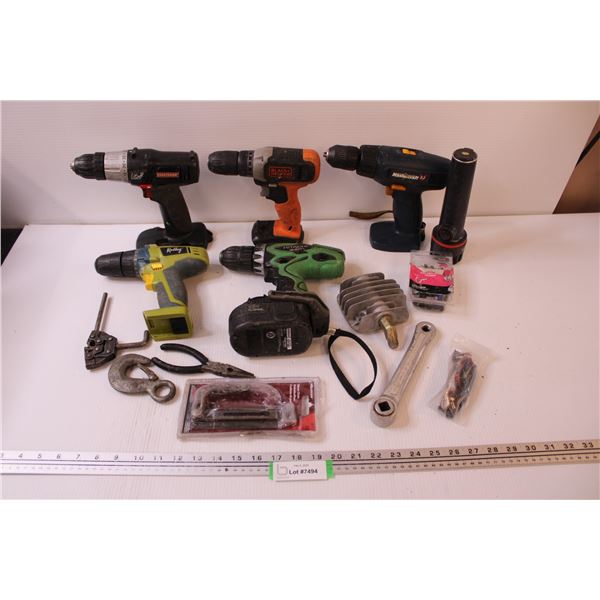 Assortment of Cordless Drills, Hardware, Flashlight