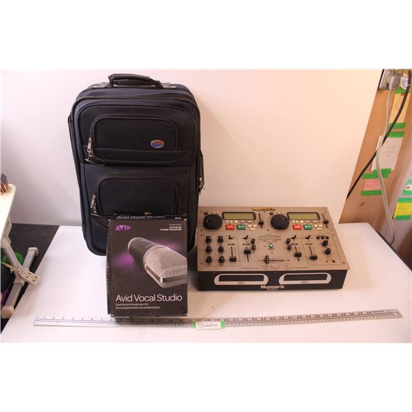 Suitcase, Camera, Cell Phone, Microphone, Numark CD Mix Station