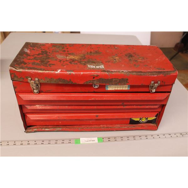 Red Tool Chest, As Is 12" Tall x 21" Long with Tools- Staple Gun, Circular Saw Blades, Misc. WILL NO