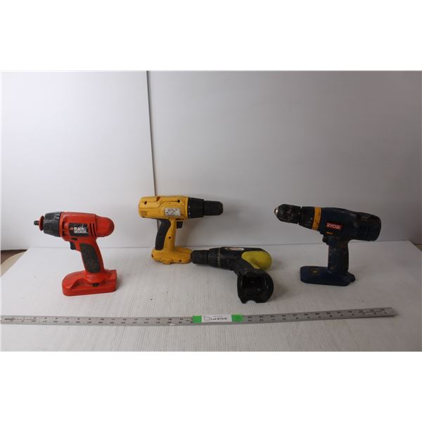 (4) Cordless Drills- Ryobi, Black & Decker, Power Advantage, Other- As Is