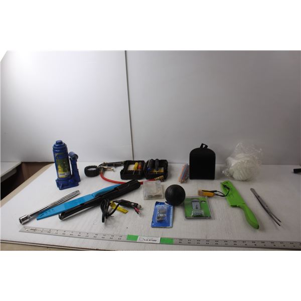 Powerfist 4 Tone Bottle Jack- As Is, Disposable Masks, Tire Pressure Gauge- No Glass, Misc.