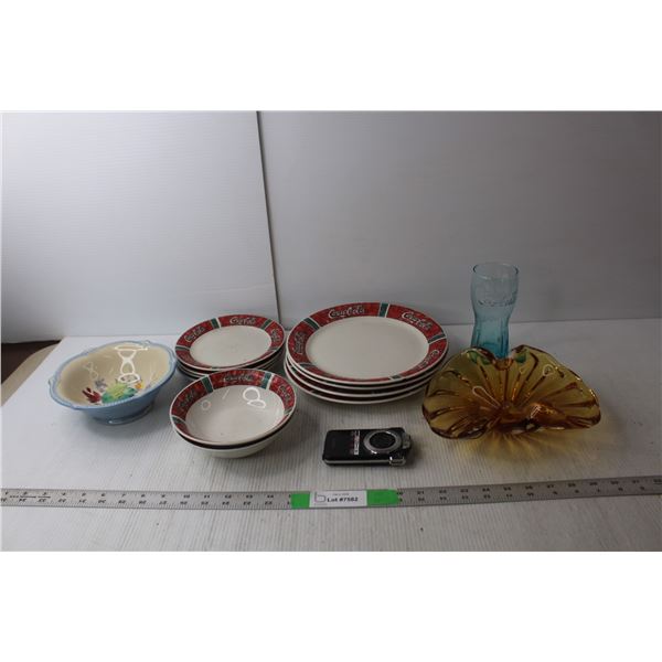Vintage Coca-Cola Dish Set ( 4 Dinner Plates, 4 Bread Plates. 2 Bowls), Blue Coca-Cola Glass, Misc.