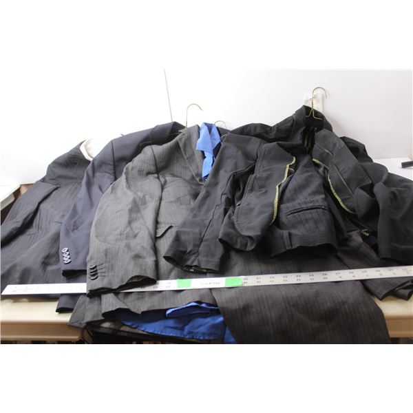 (4) Men's Suit Jackets- Approx. Size 18, (2) Pants- Size 34 (2) Dress Shirts, Tie
