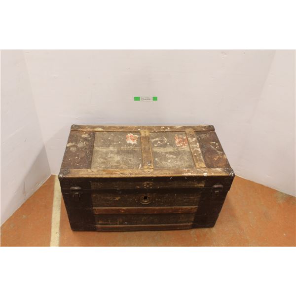 * Wood & Metal Trunk 30.25" Long x 15" Wide x 16.5" Tall with Miscellaneous Items- Batteries, Car Po