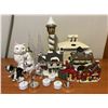Image 1 : Box of Christmas Village and miscellaneous decorations with some tea lights.