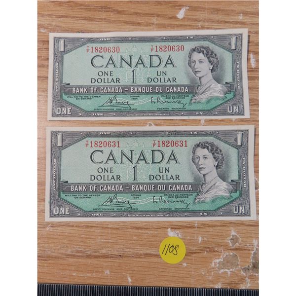 Pair of 1954 Canadian $1 consecutive bills