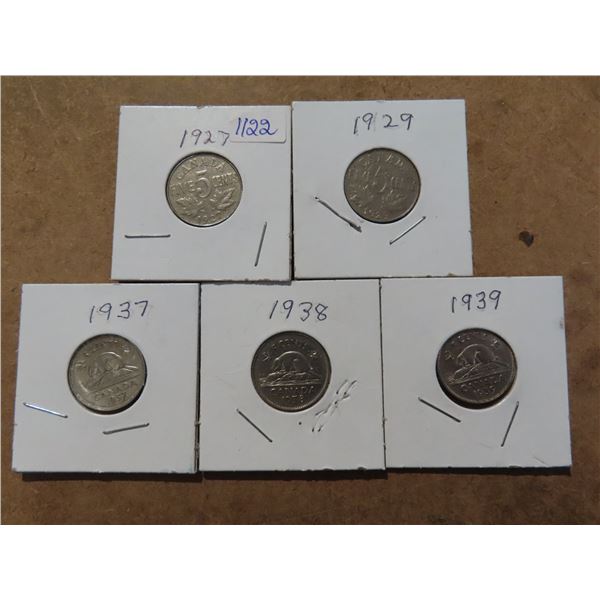 Lot of 5 (1927, 129, 1937-1939) Canadian 5 cent coins