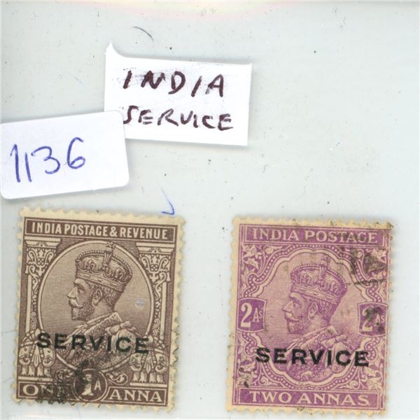 Set of 2 Stamps from British India that depict King George V. Both are marked SERVICE for use by the