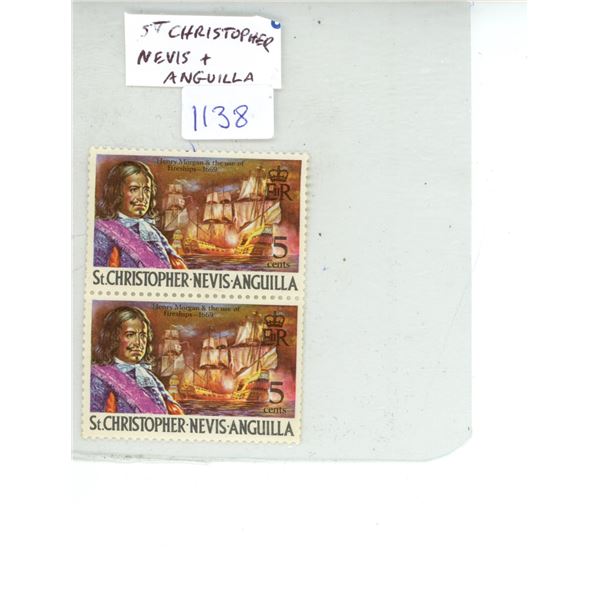 Strip of 2 5 Cents Stamps from St. Christopher, Nevis & Anguilla. The stamps depict the pirate capta