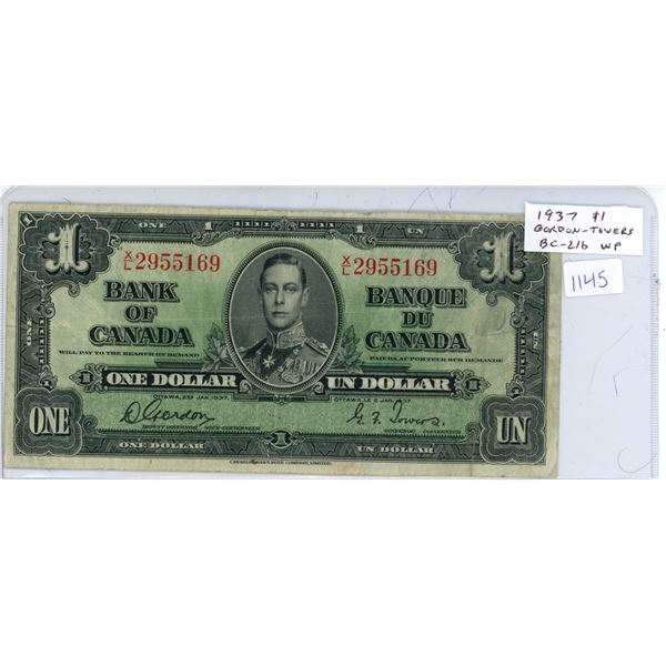 1937 $1 note. King George VI. Gordon-Towers signatures. X/L Prefix. BC-21b. VF-20.