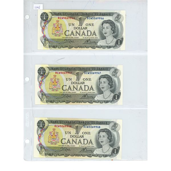 Set of 3 Consecutive Serial Number 1973 $1 notes. Crow-Bouey signatures. BCW Prefix. Serial Numbers 