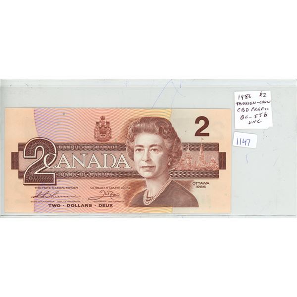 1986 $2. Thiessen-Crow signatures. CBD Prefix. BC-55b. Uncirculated.