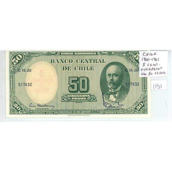 Chile. Bank of Chile. 1960 – 1961 5 Centesimos de Escudo Overprinted on 50 Pesos. AU.