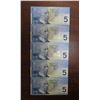 Image 2 : 5x Sequential 2002 Canadian $5 Bills