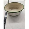 Image 1 : Enamelled dipper, cream coloured bowl with green grim, blue enamelled baking pan.