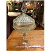 Image 1 : Tall covered glass candy dish. Base 3.75” (10 cm) wide x 12.25” (31.5 cm) tall. Ex