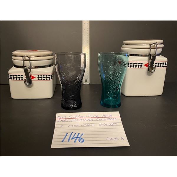 2003 Gibson Coca-Cola checkerboard canisters & 2 Coca Cola glasses