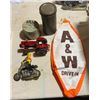 Image 1 : A&W Blow Up, 2 Vintage Tins, Toy Motorcycle & International Tractor