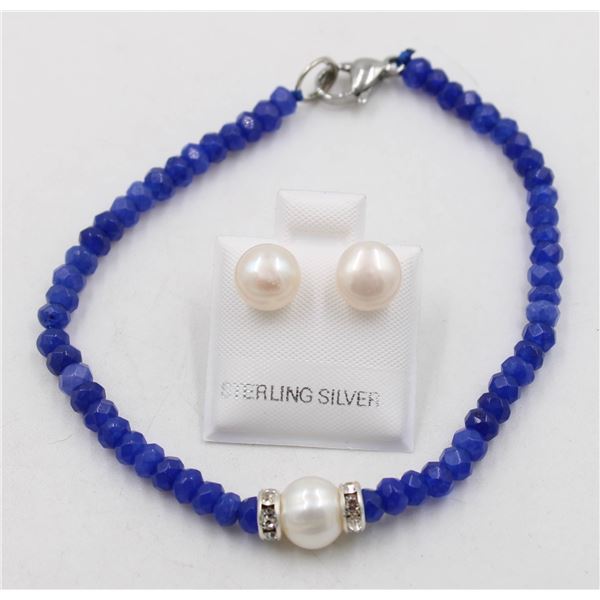 #138-NATURAL BLUE JADE ,PEARL BRACELET & EARRINGS