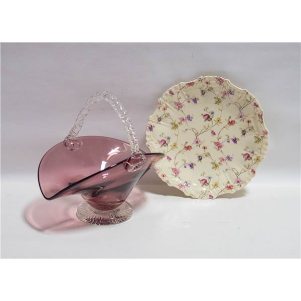 PLUM PURPLE GLASS HANDLED BASKET AND