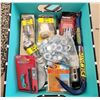 Image 2 : 540 -- BOX OF ASSORTED HARDWARE, TAPE MEASURE, PULLEY WHEELS AND MORE