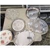 Image 2 : 607 -- ASSORTED CHINA, SERVING TRAYS, COLOURED GLASS ASHTRAYS, AND OIL LAMP CHIMNEYS (CROWN JEWEL DI
