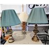 Image 1 : 615 -- VINTAGE MCM ORANGE LUCITE LAMP, AND TWO BRASS TABLE LAMPS WITH MATCHING SHADES