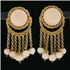 Image 2 : Vintage 18K Gold Angel Skin Coral Button & Rope Frame Round Bead Dangle Earrings