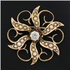 Image 1 : Antique Victorian 14k Gold 0.25 ctw Diamond & Seed Pearl Flower Pin Brooch Penda