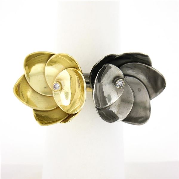 Large 18k Yellow Gold Silver Diamond Handmade Twin Layered Flowers Cocktail Ring