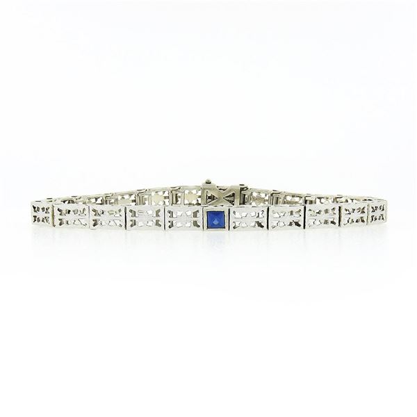 Antique Art Deco 14k White Gold Bezel Set Sapphire Etched Line Filigree Bracelet