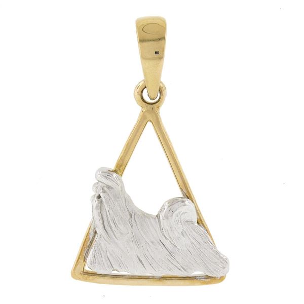 Estate Solid 14K Two Tone Gold Detailed Textured Silky Terrier Charm Pendant