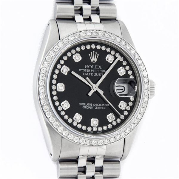 Rolex Mens Stainless Steel Black String Diamond 36MM Datejust Wristwatch