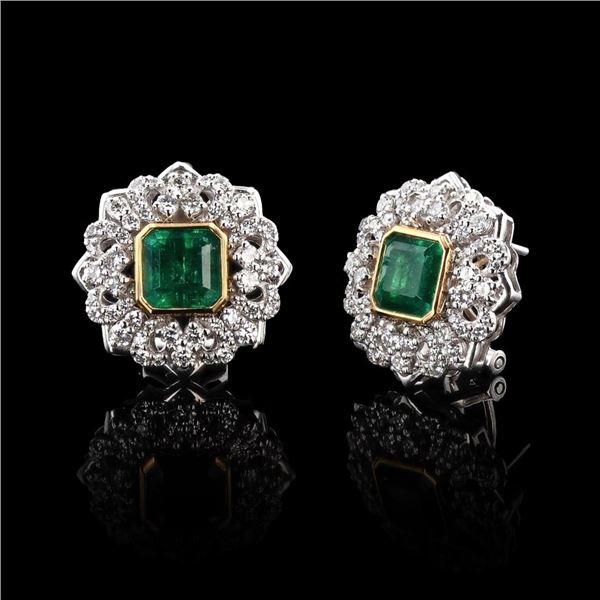 4.45 ctw Emerald and 1.82 ctw Diamond Platinum and 18K Yellow Gold Earrings