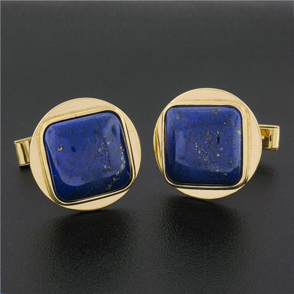 Vintage 14k Yellow Gold & Cushion Cabochon Cut Blue Lapis Mens Swivel Cuff Links