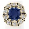 Image 2 : Vintage 14K Gold GIA Ceylon No Heat Cushion Sapphire & Diamond Halo Platter Ring
